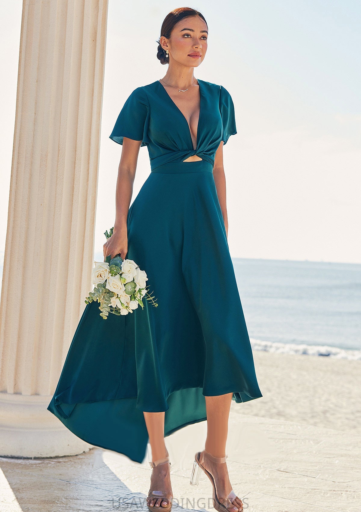 A-line V Neck Short Sleeve Asymmetrical Stretch Satin Bridesmaid Dresses with Bowknot Sashes Setlla DSP0025272