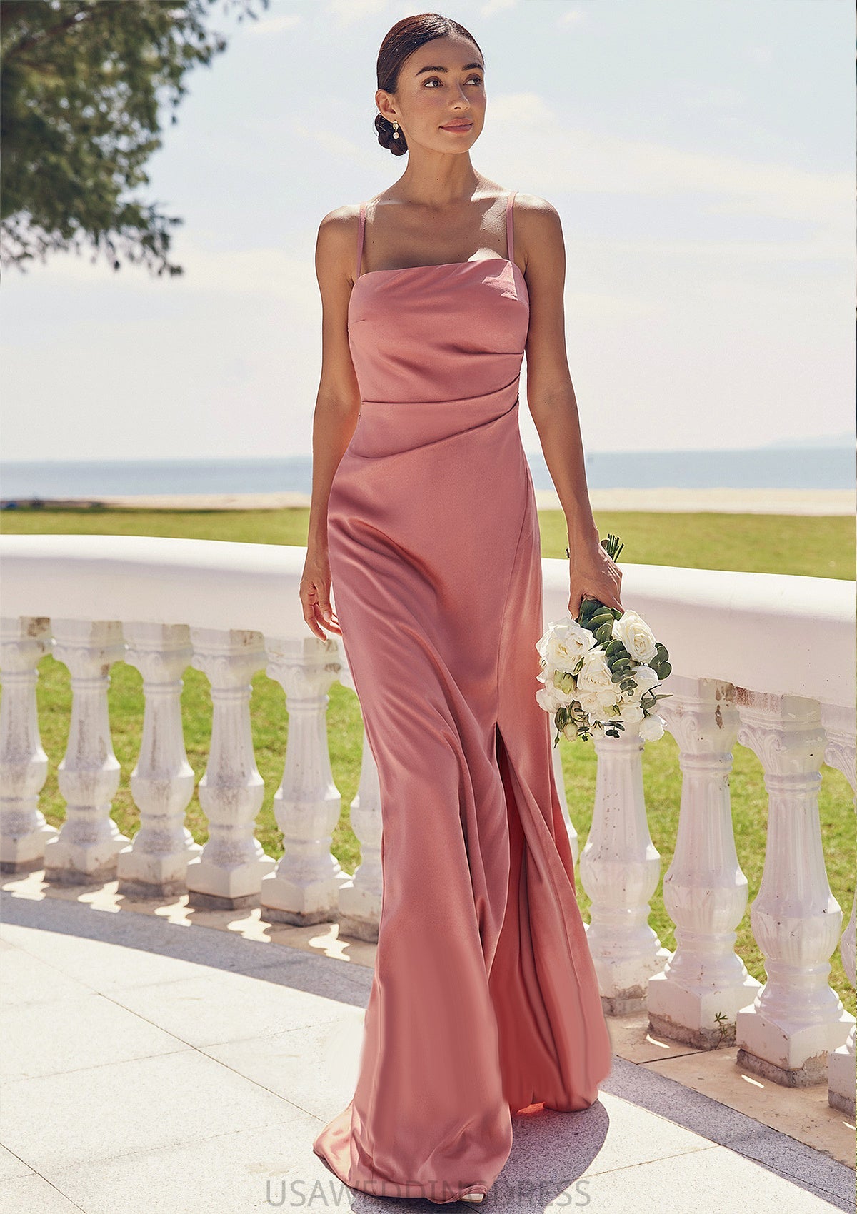 Sheath/Column Square Neckline Sleeveless Floor-Length Stretch Satin Bridesmaid Dresses with Pleated Split Tina DSP0025277