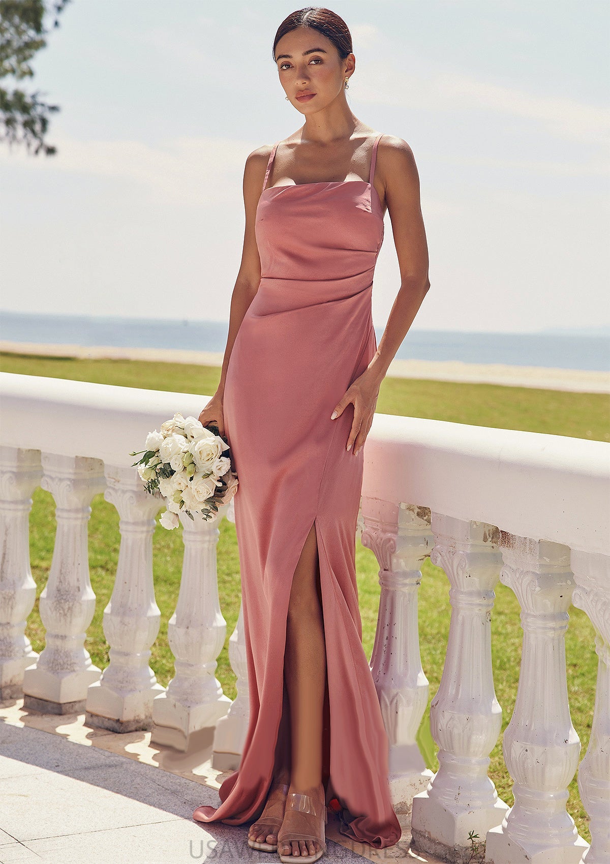 Sheath/Column Square Neckline Sleeveless Floor-Length Stretch Satin Bridesmaid Dresses with Pleated Split Tina DSP0025277