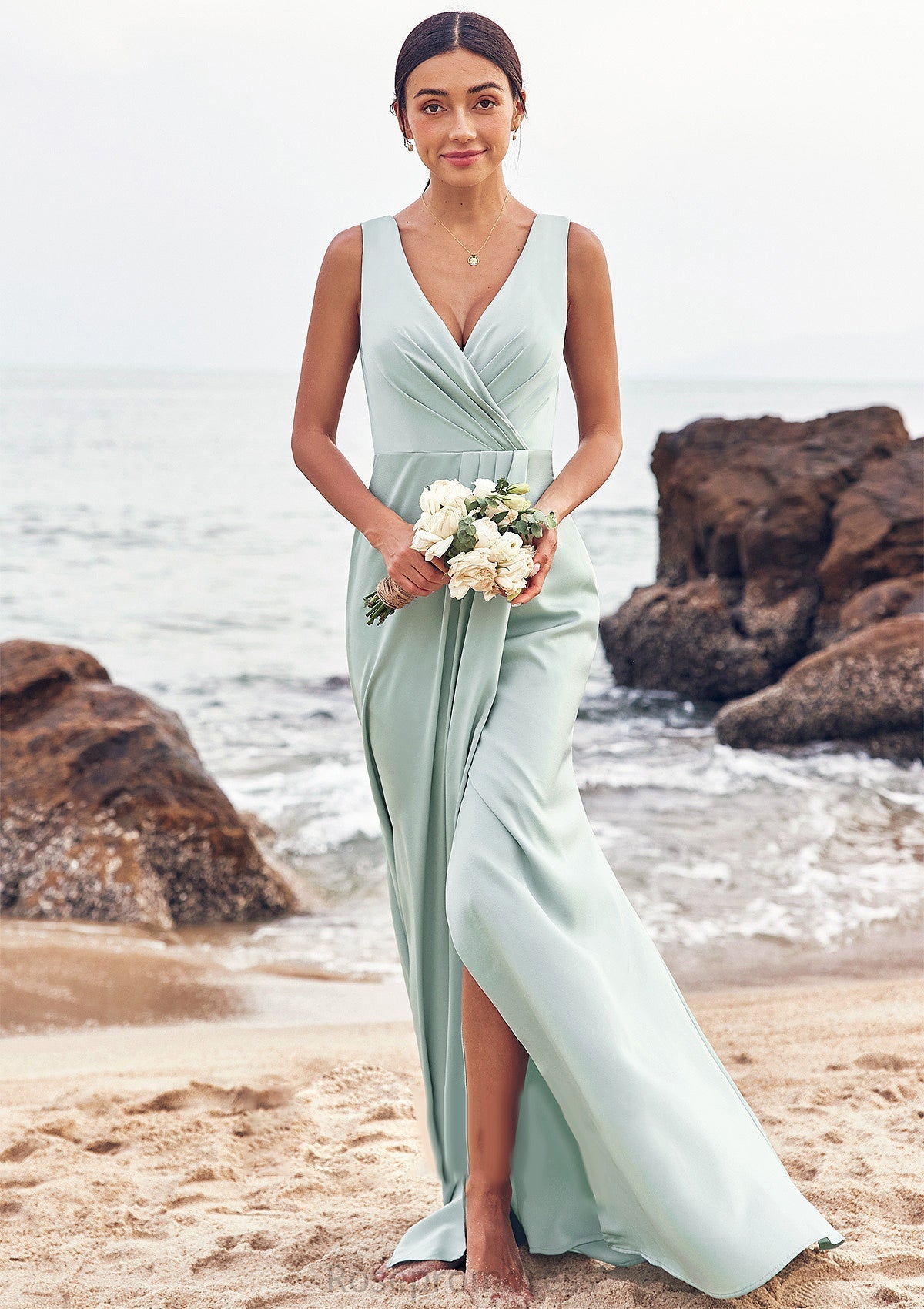 Sheath/Column V Neck Sleeveless Floor-Length Stretch Satin Bridesmaid Dresses with Pleated Split Lina SRSP0025279