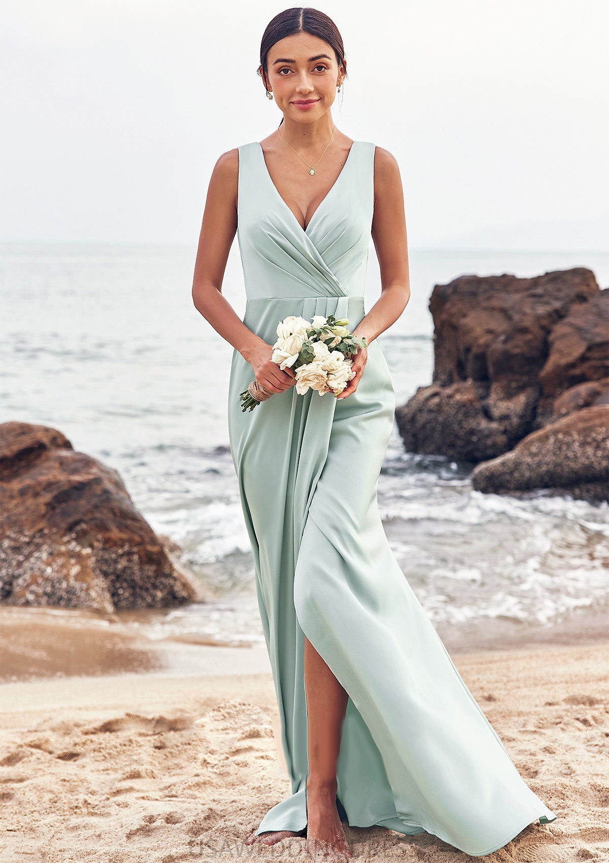 Sheath/Column V Neck Sleeveless Floor-Length Stretch Satin Bridesmaid Dresses with Pleated Split Evelyn DSP0025279
