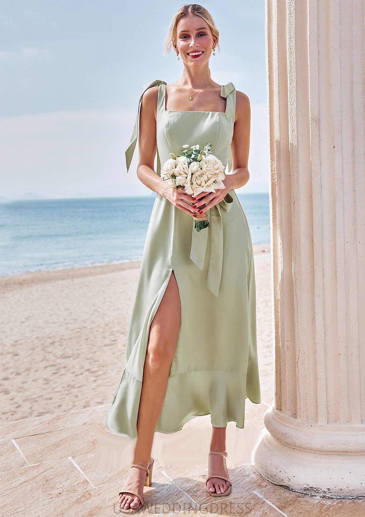 Sheath/Column Square Neckline Sleeveless Tea-Length Stretch Satin Bridesmaid Dresses with Bowknot Ruffles Split Nina DSP0025280