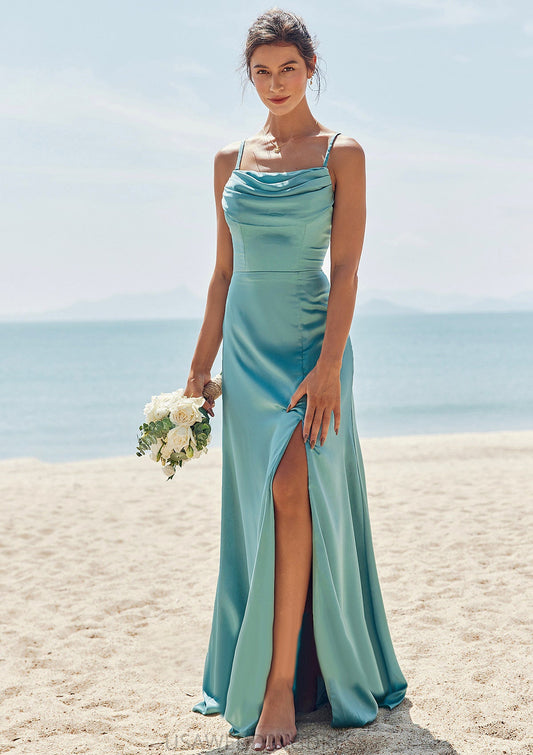 Sheath/Column Square Neckline Sleeveless Floor-Length Stretch Satin Bridesmaid Dresses with Pleated Split Willow DSP0025282