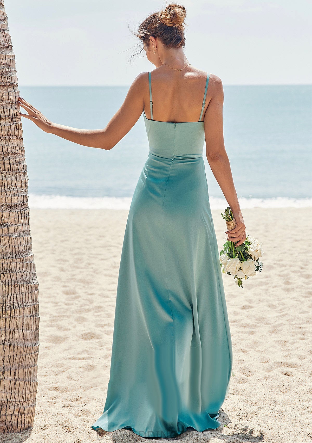 Sheath/Column Square Neckline Sleeveless Floor-Length Stretch Satin Bridesmaid Dresses with Pleated Split Willow DSP0025282