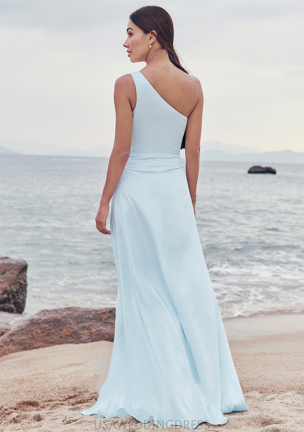 A-line One-Shoulder Sleeveless Floor-Length Stretch Satin Bridesmaid Dresses with Split Jo DSP0025285
