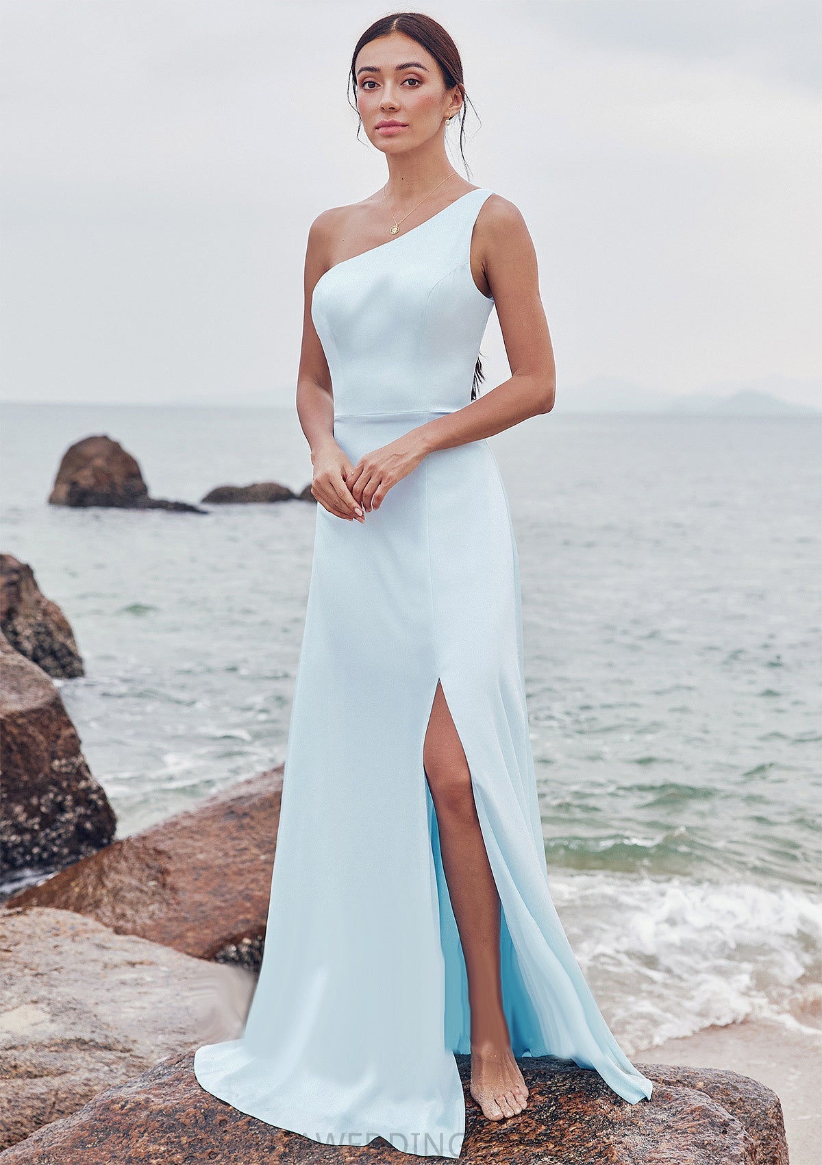A-line One-Shoulder Sleeveless Floor-Length Stretch Satin Bridesmaid Dresses with Split Jo DSP0025285
