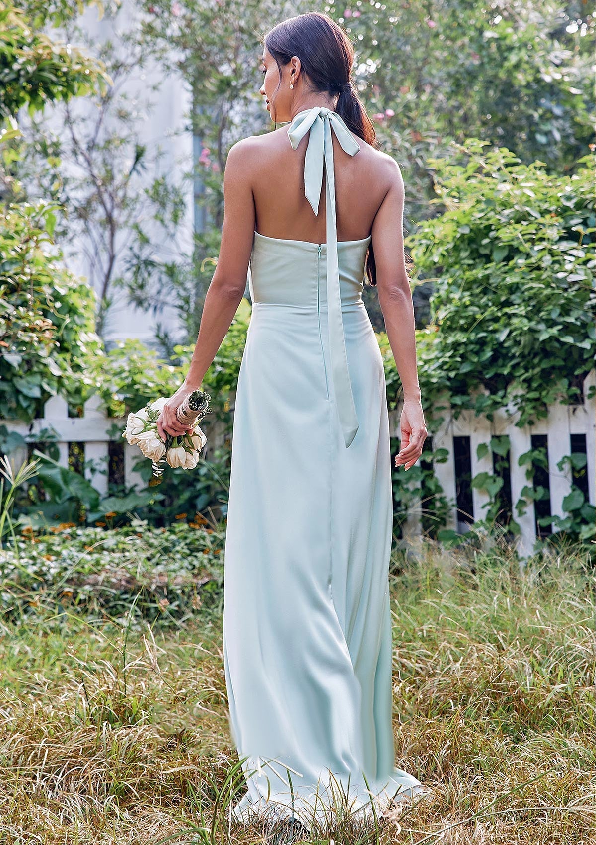 A-line Halter Sleeveless Floor-Length Stretch Satin Bridesmaid Dresses with Split Diya SRSP0025287