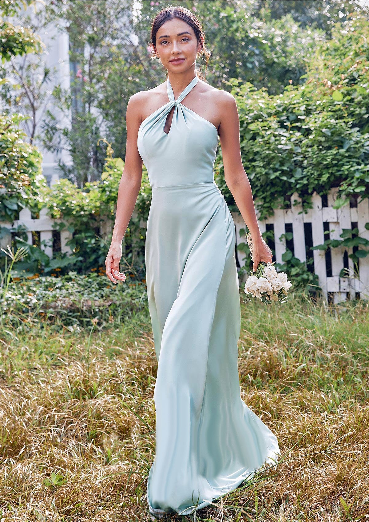 A-line Halter Sleeveless Floor-Length Stretch Satin Bridesmaid Dresses with Split Marely DSP0025287