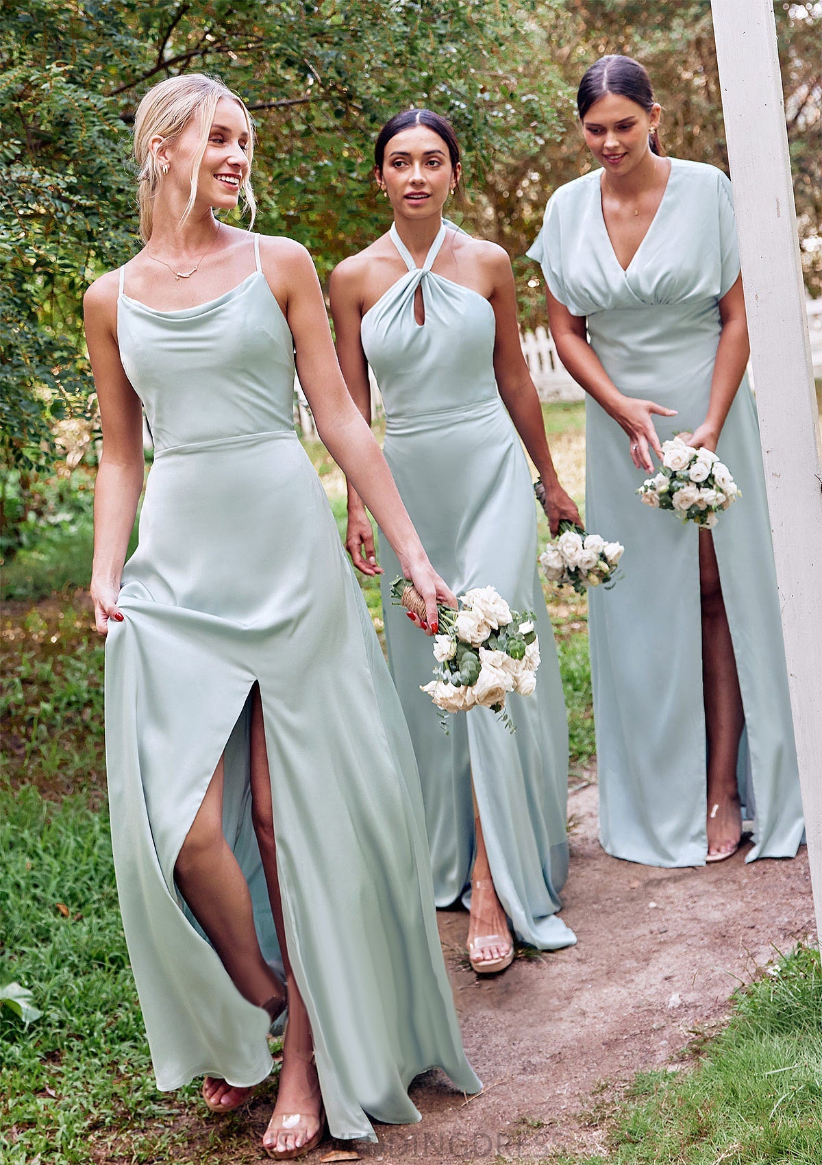 A-line Halter Sleeveless Floor-Length Stretch Satin Bridesmaid Dresses with Split Marely DSP0025287