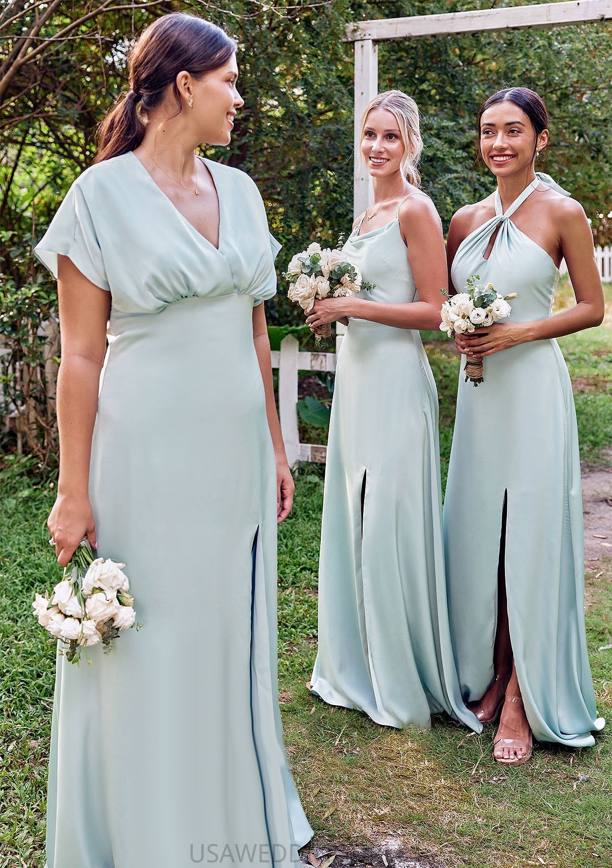 A-line Halter Sleeveless Floor-Length Stretch Satin Bridesmaid Dresses with Split Marely DSP0025287