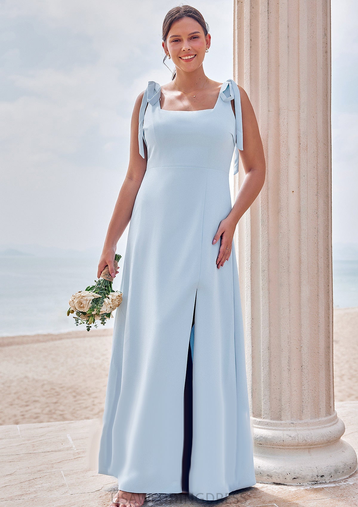 A-line Square Neckline Sleeveless Floor-Length Stretch Crepe Bridesmaid Dresses with Split Saniyah DSP0025288