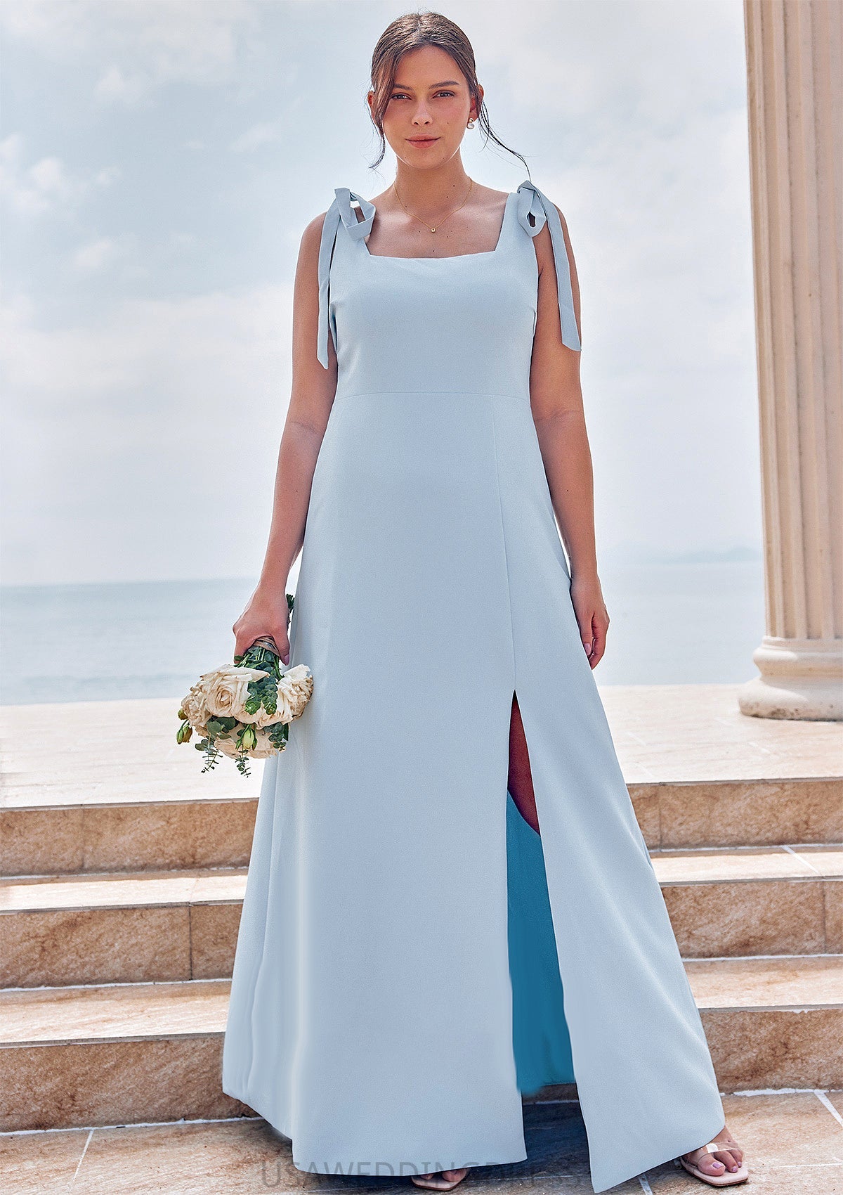A-line Square Neckline Sleeveless Floor-Length Stretch Crepe Bridesmaid Dresses with Split Saniyah DSP0025288