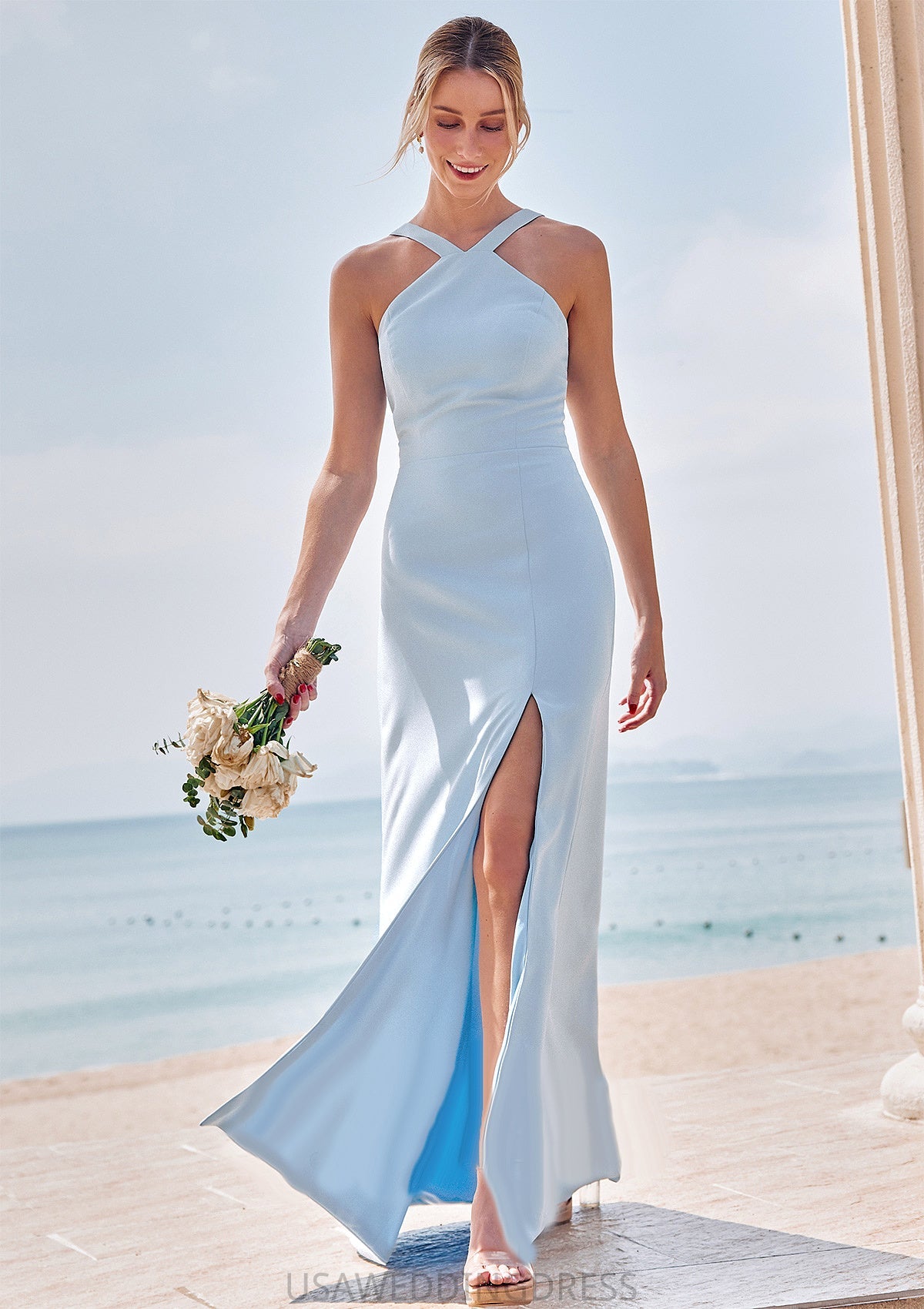 Sheath/Column Halter Sleeveless Floor-Length Stretch Crepe Bridesmaid Dresses with Split Kenna DSP0025291
