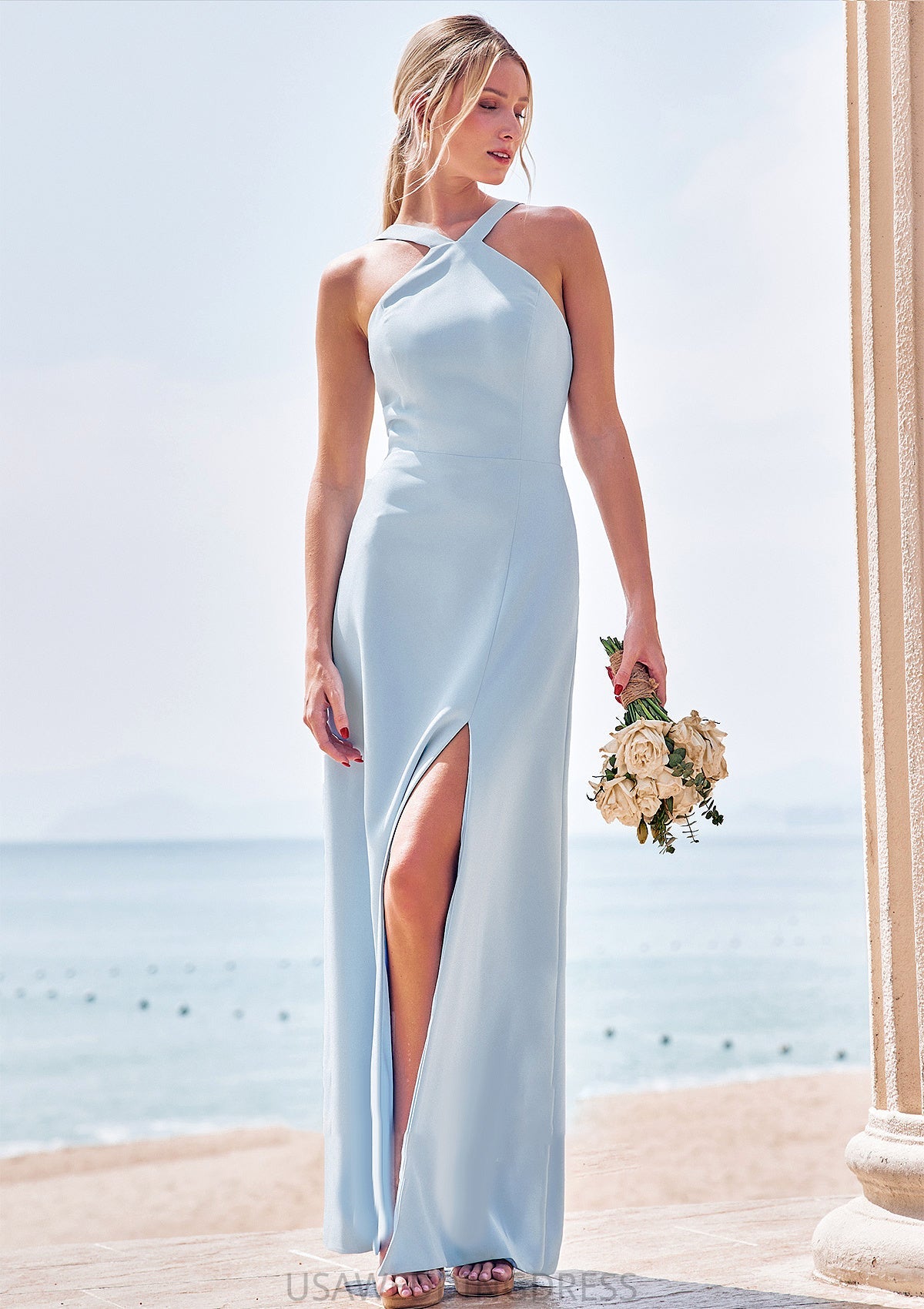 Sheath/Column Halter Sleeveless Floor-Length Stretch Crepe Bridesmaid Dresses with Split Kenna DSP0025291