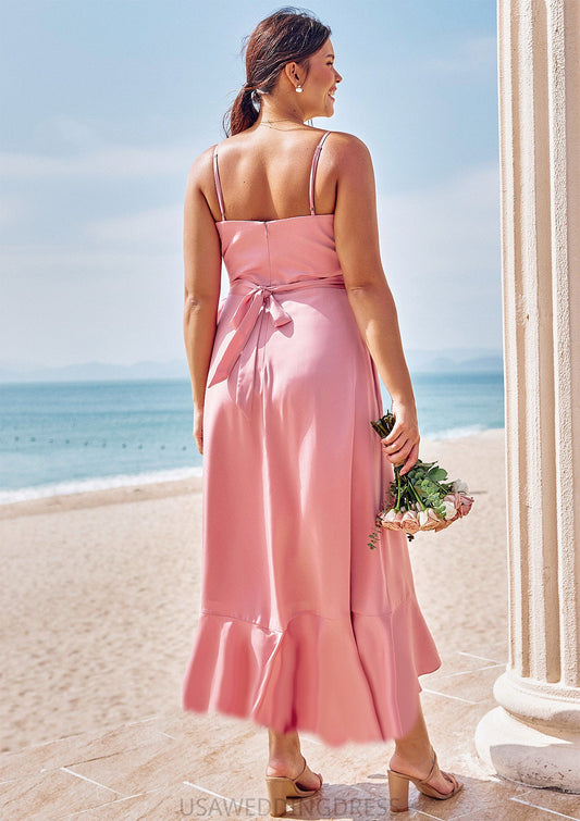 A-line V Neck Sleeveless Asymmetrical Stretch Satin Bridesmaid Dresses with Sashes Ruffles Naima DSP0025292