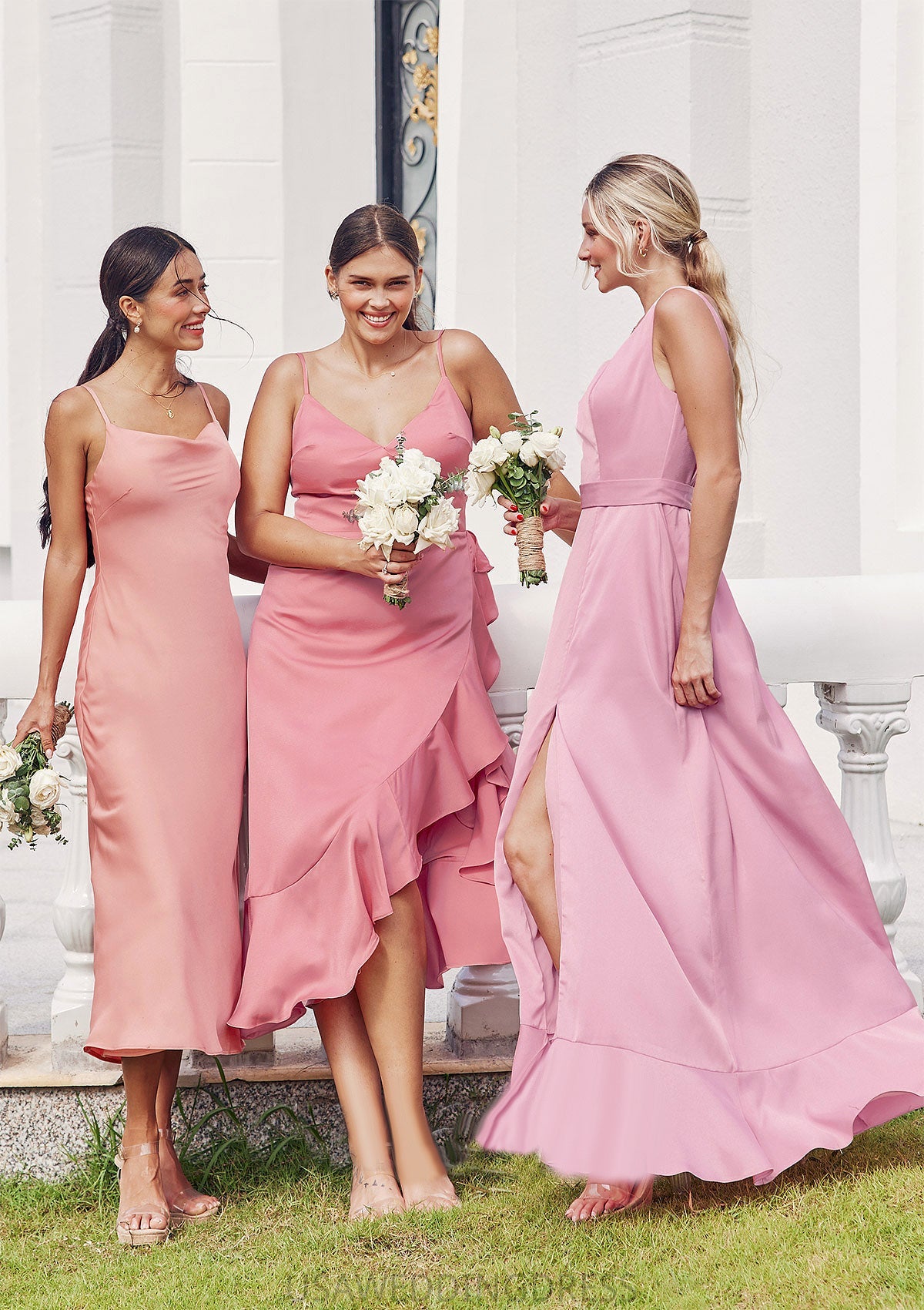 A-line V Neck Sleeveless Asymmetrical Stretch Satin Bridesmaid Dresses with Sashes Ruffles Naima DSP0025292