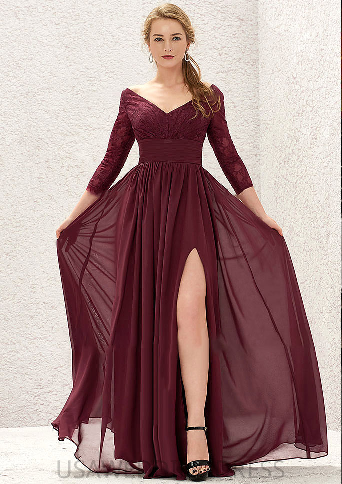 A-line V Neck Full/Long Sleeve Long/Floor-Length Chiffon Bridesmaid Dresses With Lace Split Pleated Katie DSP0025304