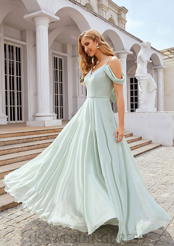 A-line Off-the-Shoulder Sleeveless Long/Floor-Length Chiffon Bridesmaid Dresseses With Pleated Laci DSP0025307
