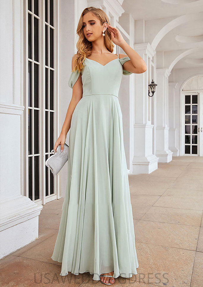 A-line Off-the-Shoulder Sleeveless Long/Floor-Length Chiffon Bridesmaid Dresseses With Pleated Laci DSP0025307