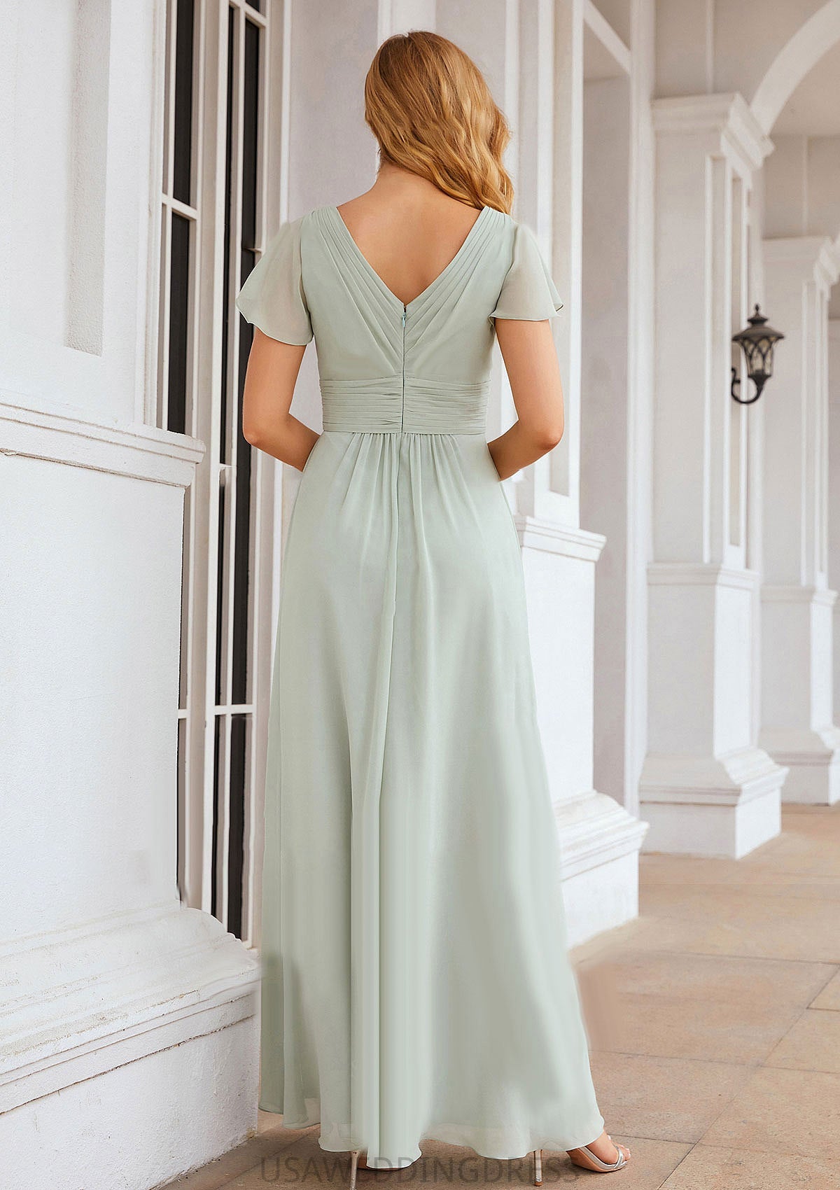 A-line V Neck Short Sleeve Long/Floor-Length Chiffon Bridesmaid Dresses With Pleated Cassie DSP0025309