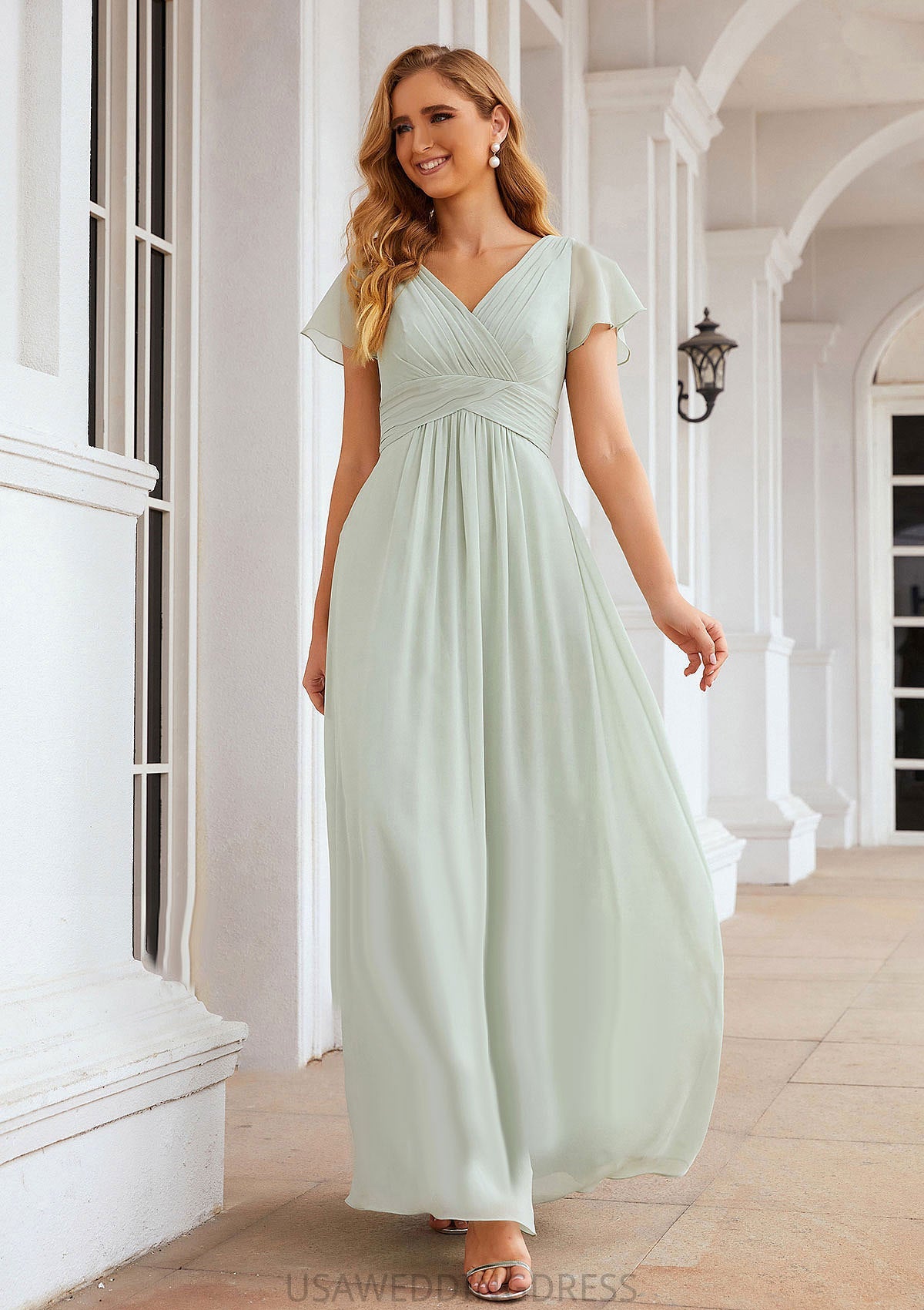 A-line V Neck Short Sleeve Long/Floor-Length Chiffon Bridesmaid Dresses With Pleated Cassie DSP0025309