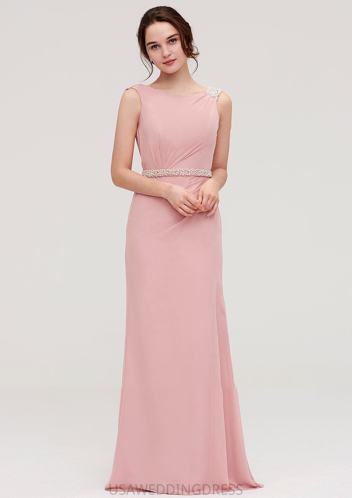 Sleeveless Sheath/Column Long/Floor-Length Chiffon Bridesmaid Dresses With Waistband Beading Presley DSP0025317
