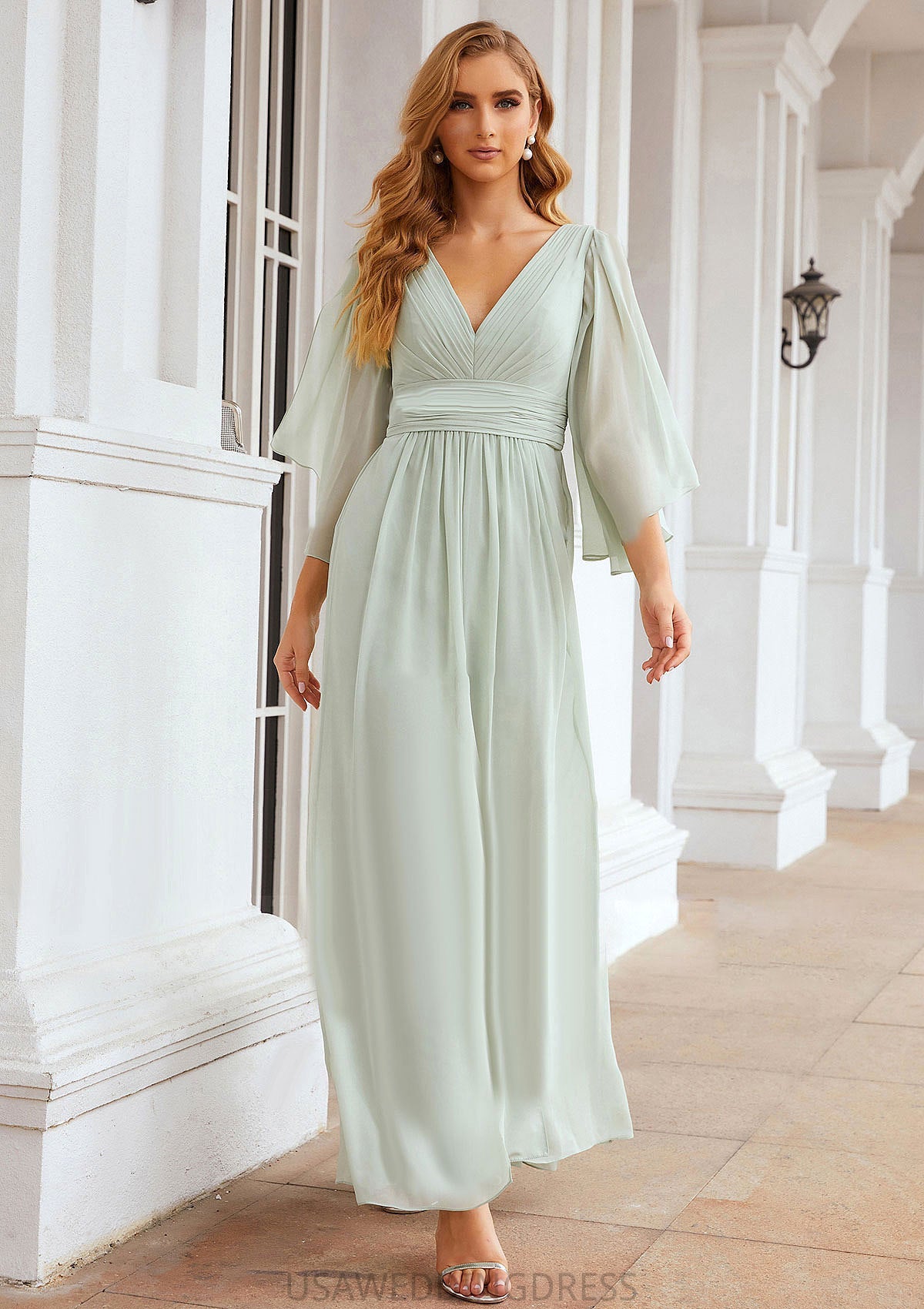 Sheath/Column V Neck 3/4 Sleeve Long/Floor-Length Chiffon Bridesmaid Dresses With Pleated Cameron DSP0025318