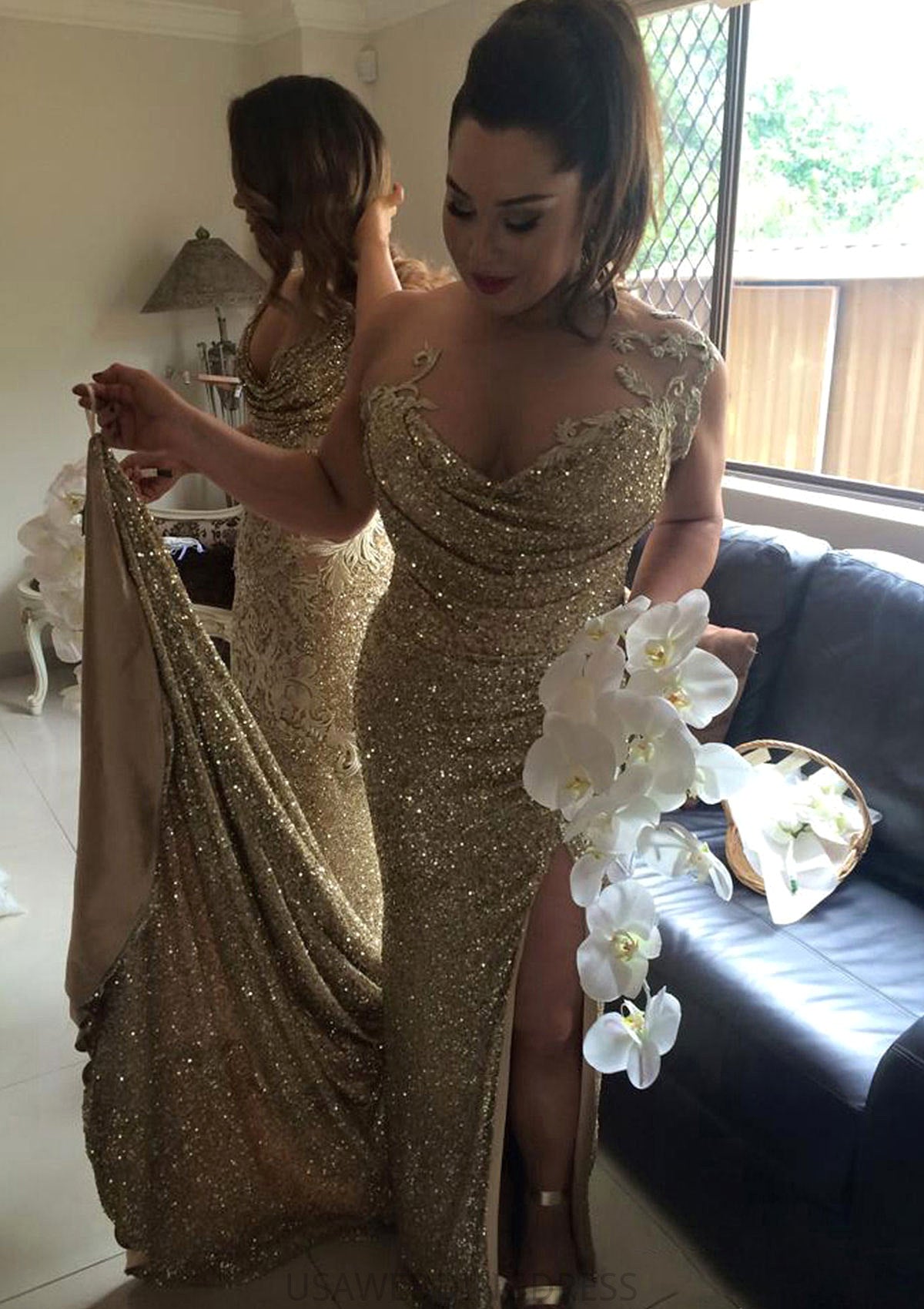 Bateau Sleeveless Sweep Train Sheath/Column Sequined Bridesmaid Dresses Emilee DSP0025321