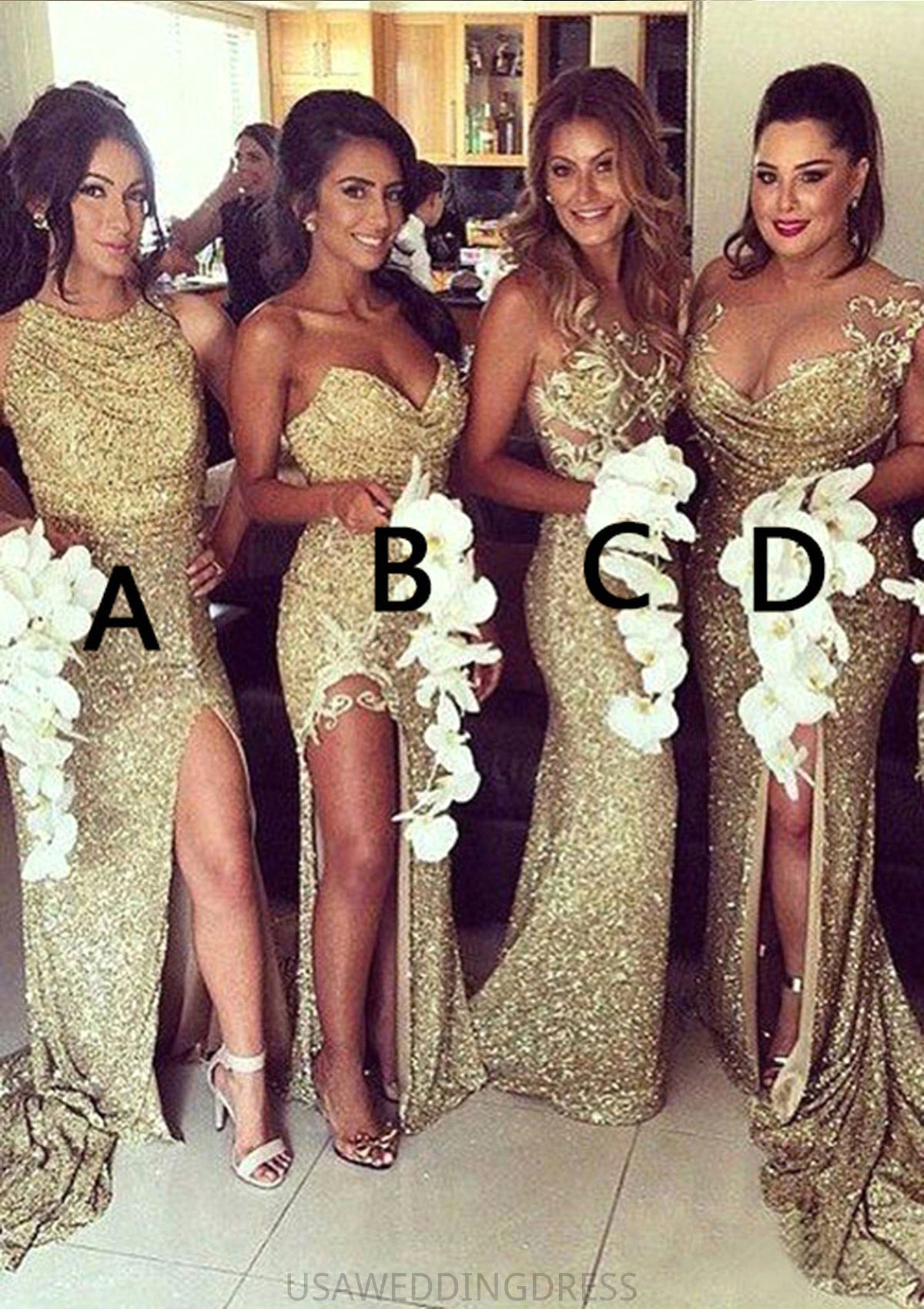 Bateau Sleeveless Sweep Train Sheath/Column Sequined Bridesmaid Dresses Emilee DSP0025321