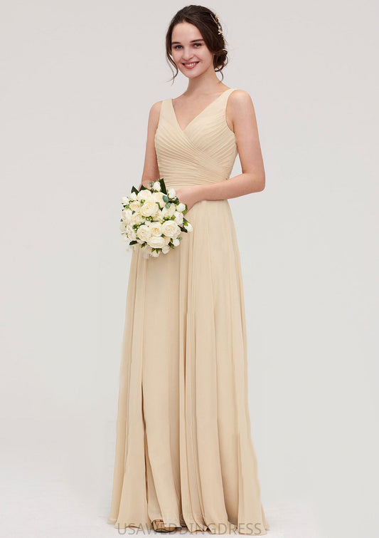 A-line/Princess V Neck Long/Floor-Length A-line/Princess Chiffon Bridesmaid Dresses With Sashes Pleated Trudie DSP0025322
