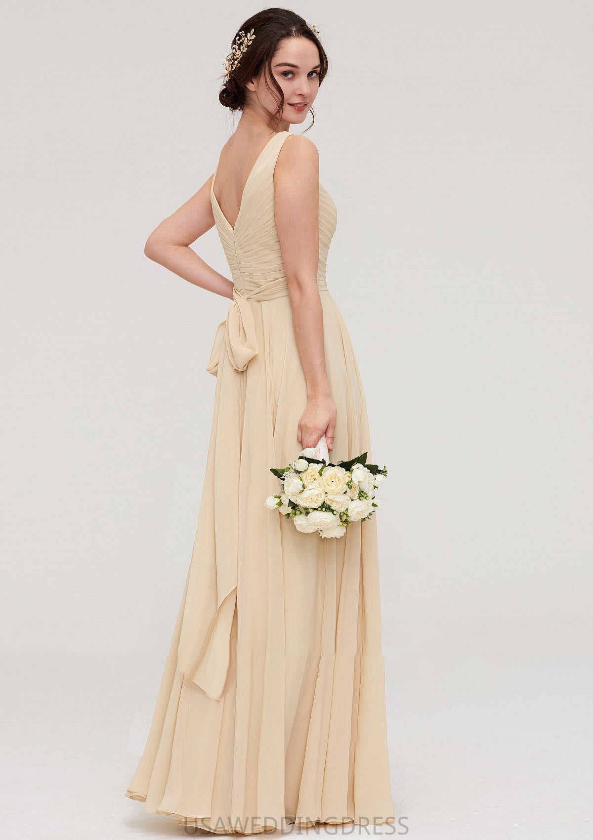 A-line/Princess V Neck Long/Floor-Length A-line/Princess Chiffon Bridesmaid Dresses With Sashes Pleated Trudie DSP0025322