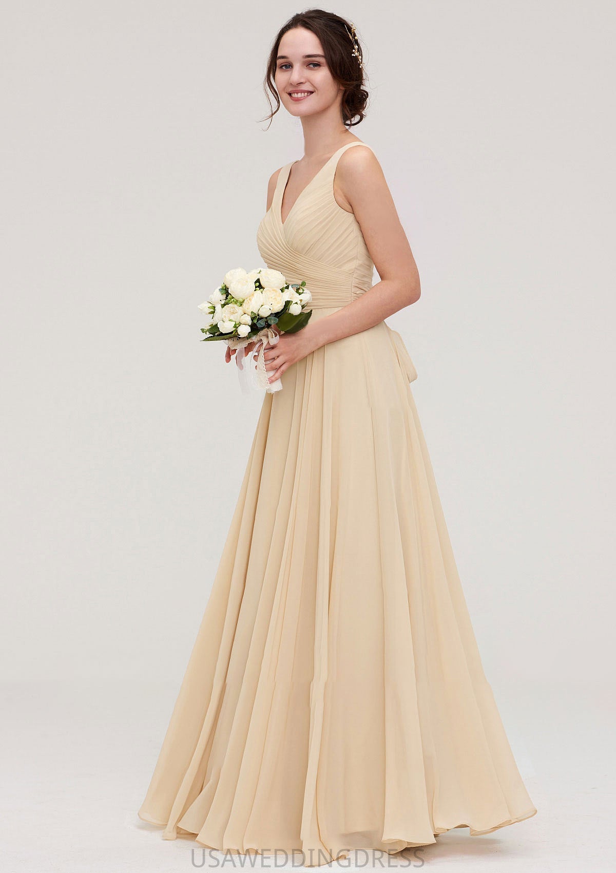 A-line/Princess V Neck Long/Floor-Length A-line/Princess Chiffon Bridesmaid Dresses With Sashes Pleated Trudie DSP0025322