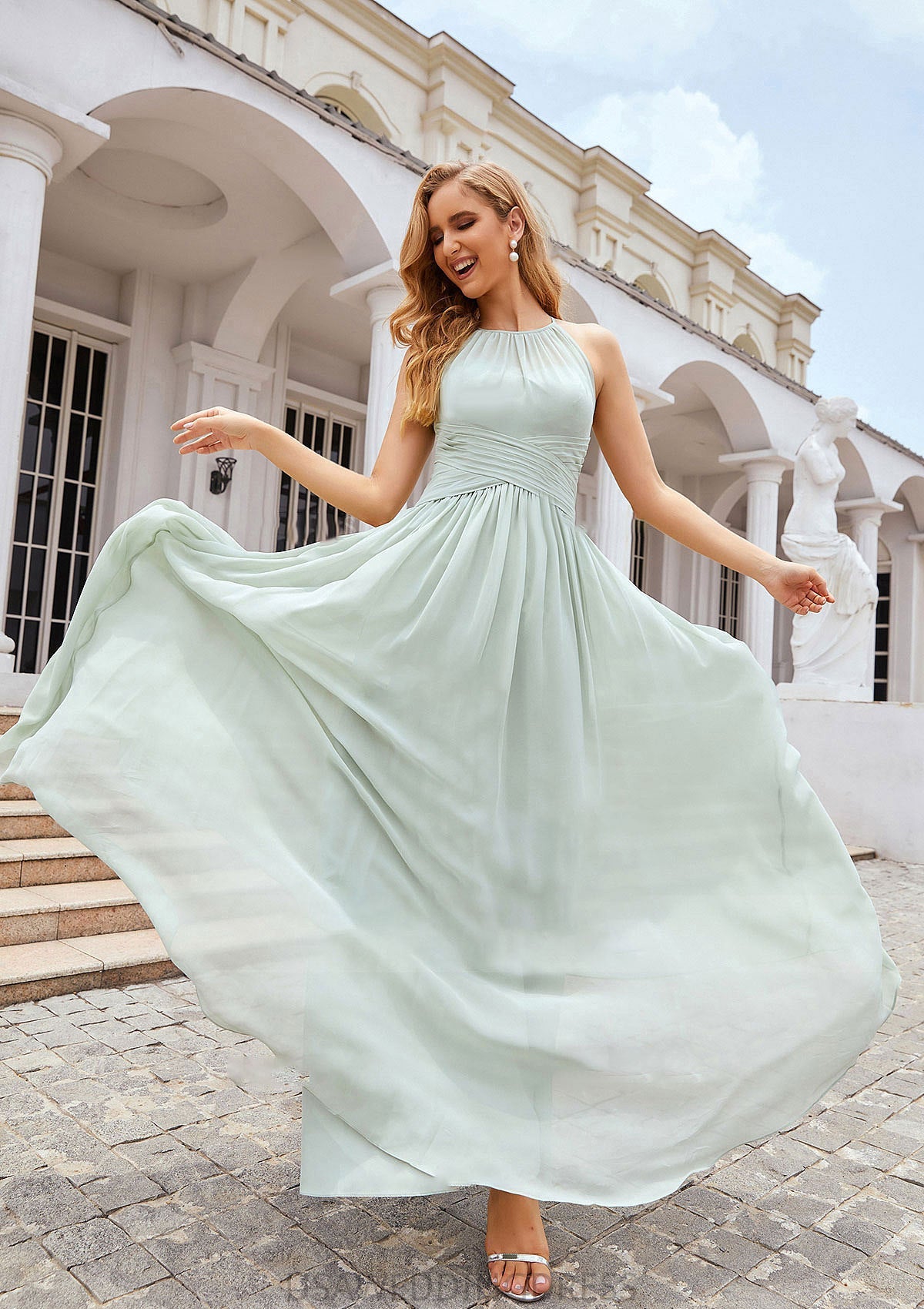 A-line Halter Sleeveless Long/Floor-Length Chiffon Bridesmaid Dresses With Pleated Teresa DSP0025325