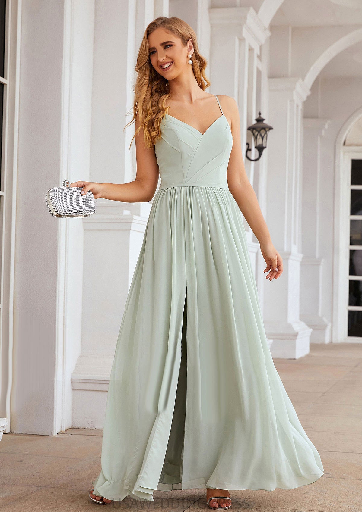 A-line V Neck Sleeveless Long/Floor-Length Chiffon Bridesmaid Dresses With Pleated Split Skyla DSP0025327