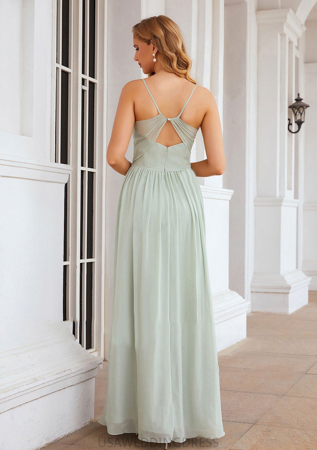 A-line V Neck Sleeveless Long/Floor-Length Chiffon Bridesmaid Dresses With Pleated Split Skyla DSP0025327
