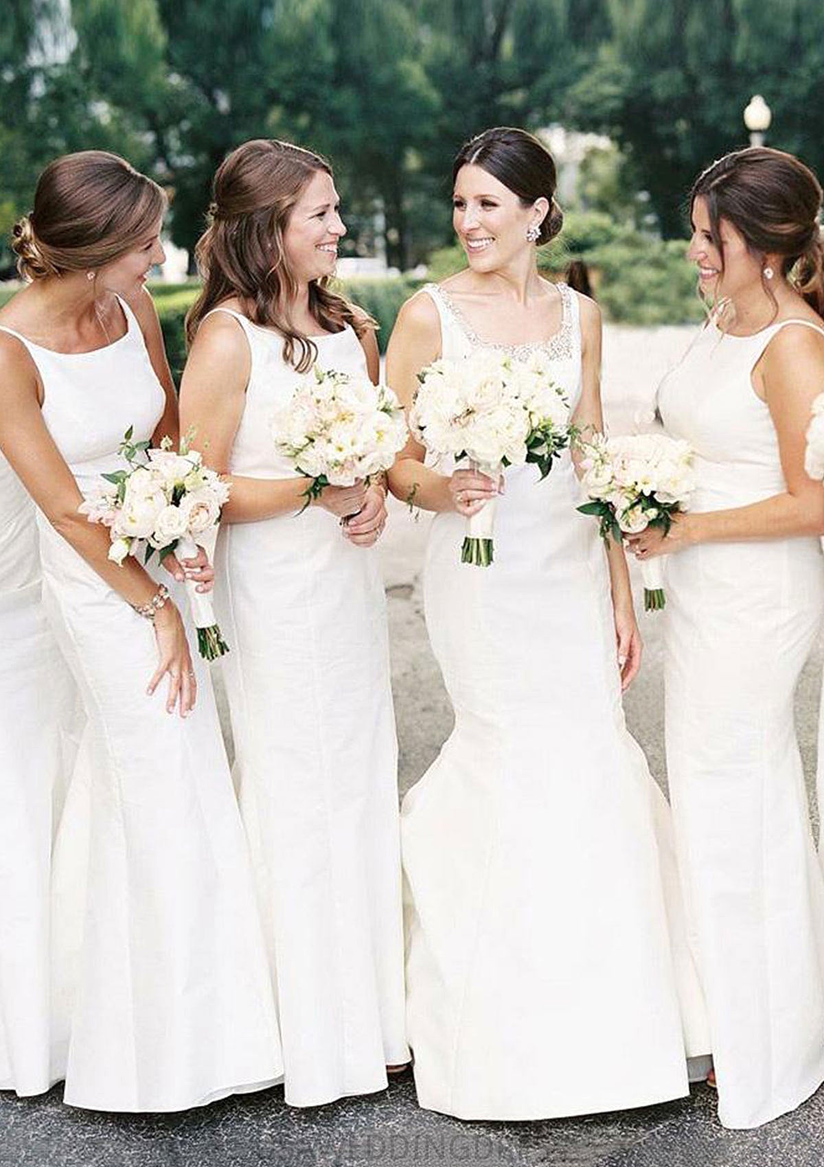 Sheath/Column Bateau Sweep Train Elastic Satin Bridesmaid Dresses Alyssa DSP0025328