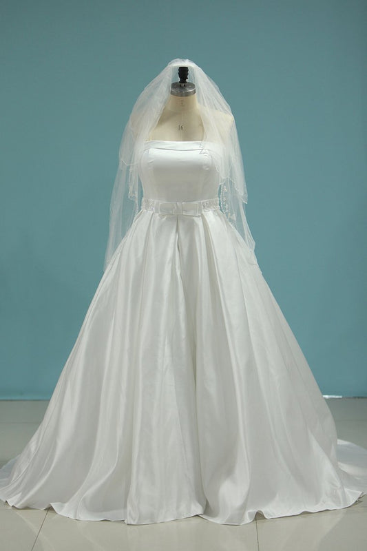 2024 Satin Strapless Beaded Waistline Wedding Dresses A Line Covered Button