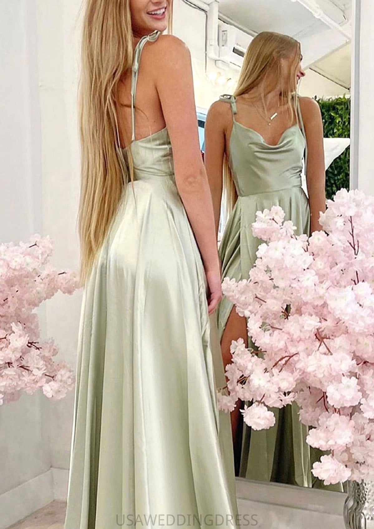 A-line Cowl Neck Spaghetti Straps Long/Floor-Length Charmeuse Bridesmaid Dresses With Split Camilla DSP0025330