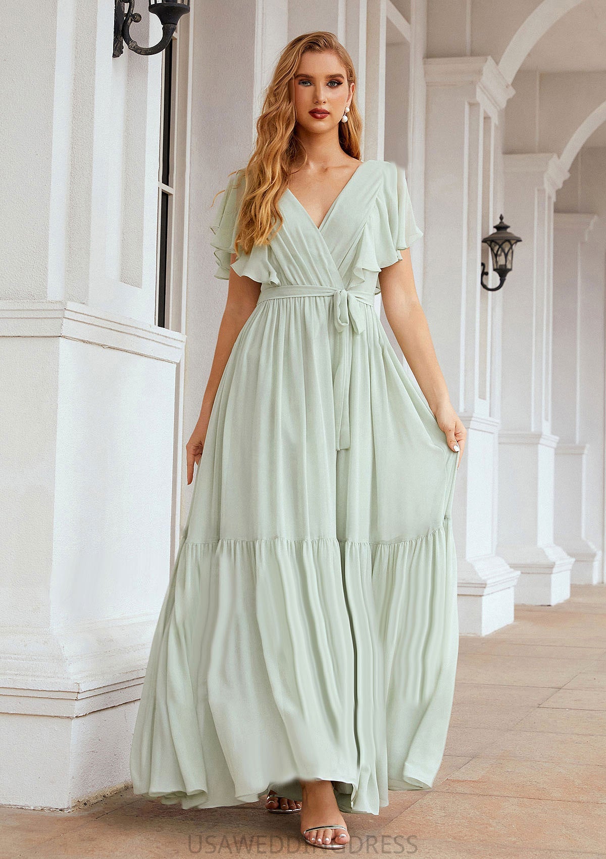 A-line V Neck Short Sleeve Chiffon Long/Floor-Length Bridesmaid Dresses With Pleated Sadie DSP0025331