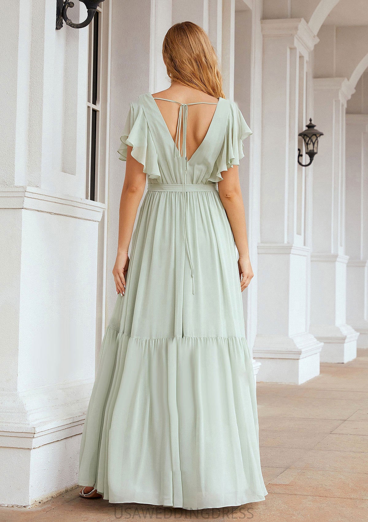 A-line V Neck Short Sleeve Chiffon Long/Floor-Length Bridesmaid Dresses With Pleated Sadie DSP0025331