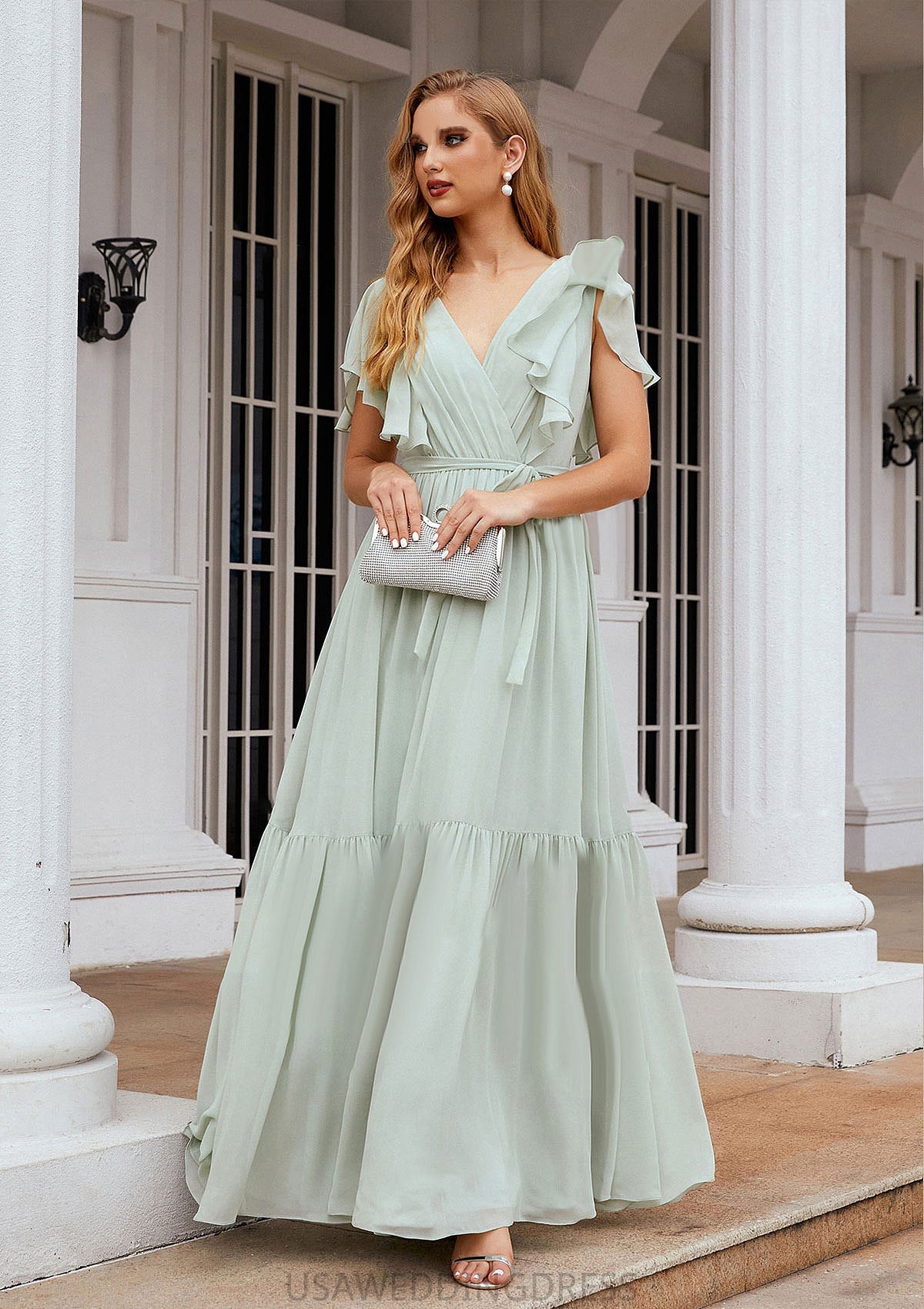 A-line V Neck Short Sleeve Chiffon Long/Floor-Length Bridesmaid Dresses With Pleated Sadie DSP0025331