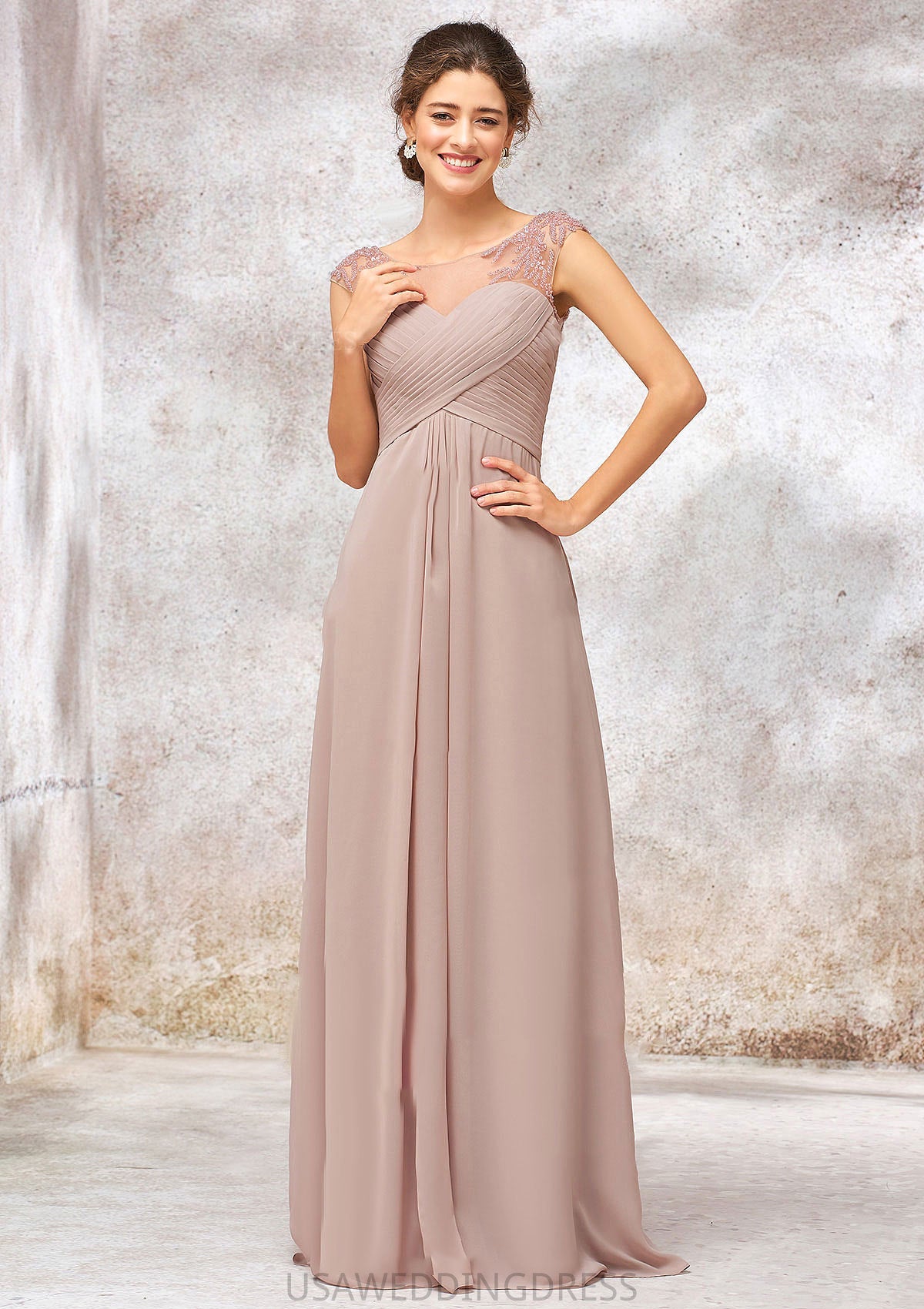 Illusion Neck Long/Floor-Length Chiffon A-line/Princess Bridesmaid Dresses  With Sequins Pleated Beading Dahlia DSP0025334