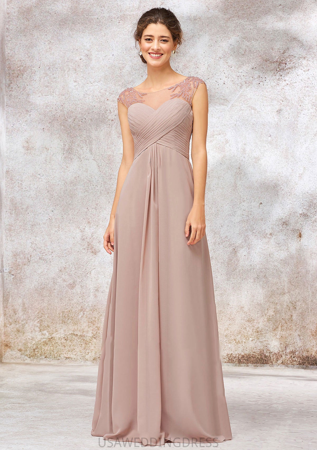 Illusion Neck Long/Floor-Length Chiffon A-line/Princess Bridesmaid Dresses  With Sequins Pleated Beading Dahlia DSP0025334