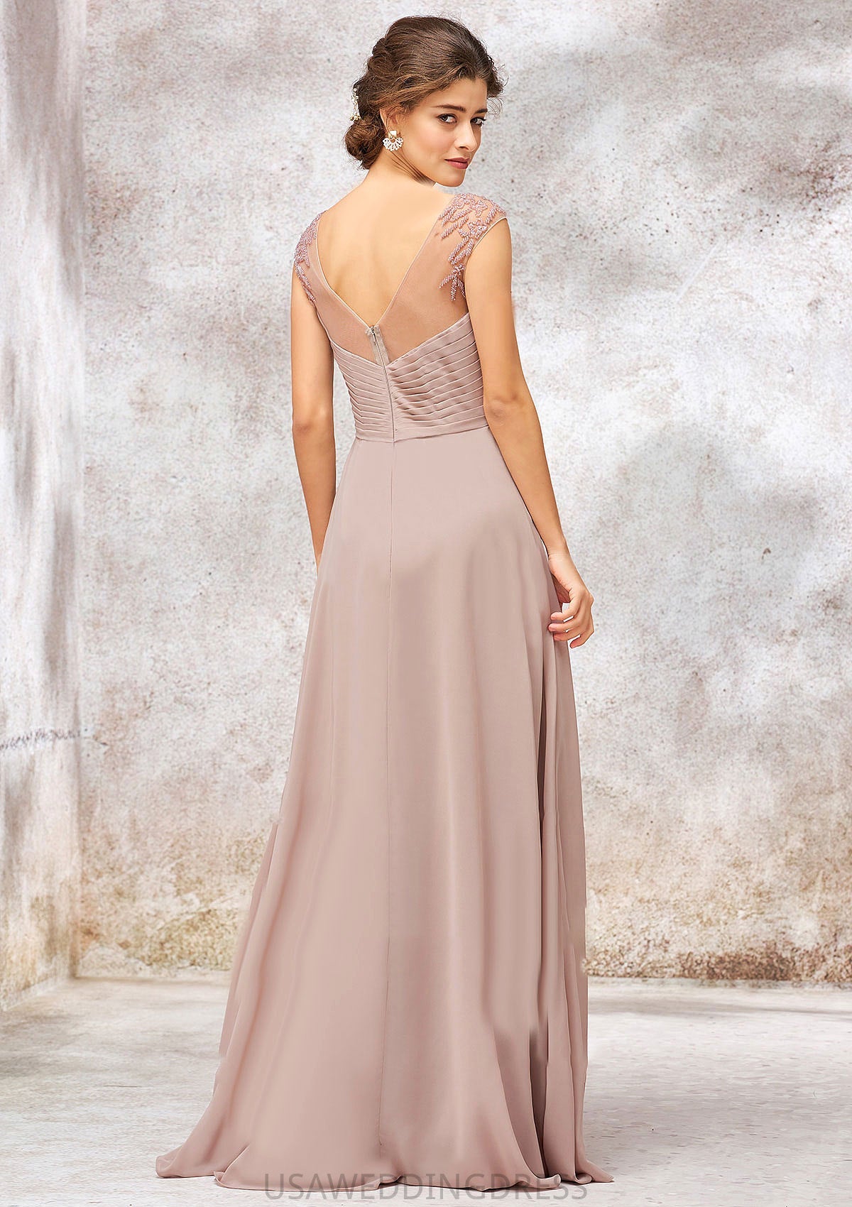 Illusion Neck Long/Floor-Length Chiffon A-line/Princess Bridesmaid Dresses  With Sequins Pleated Beading Dahlia DSP0025334