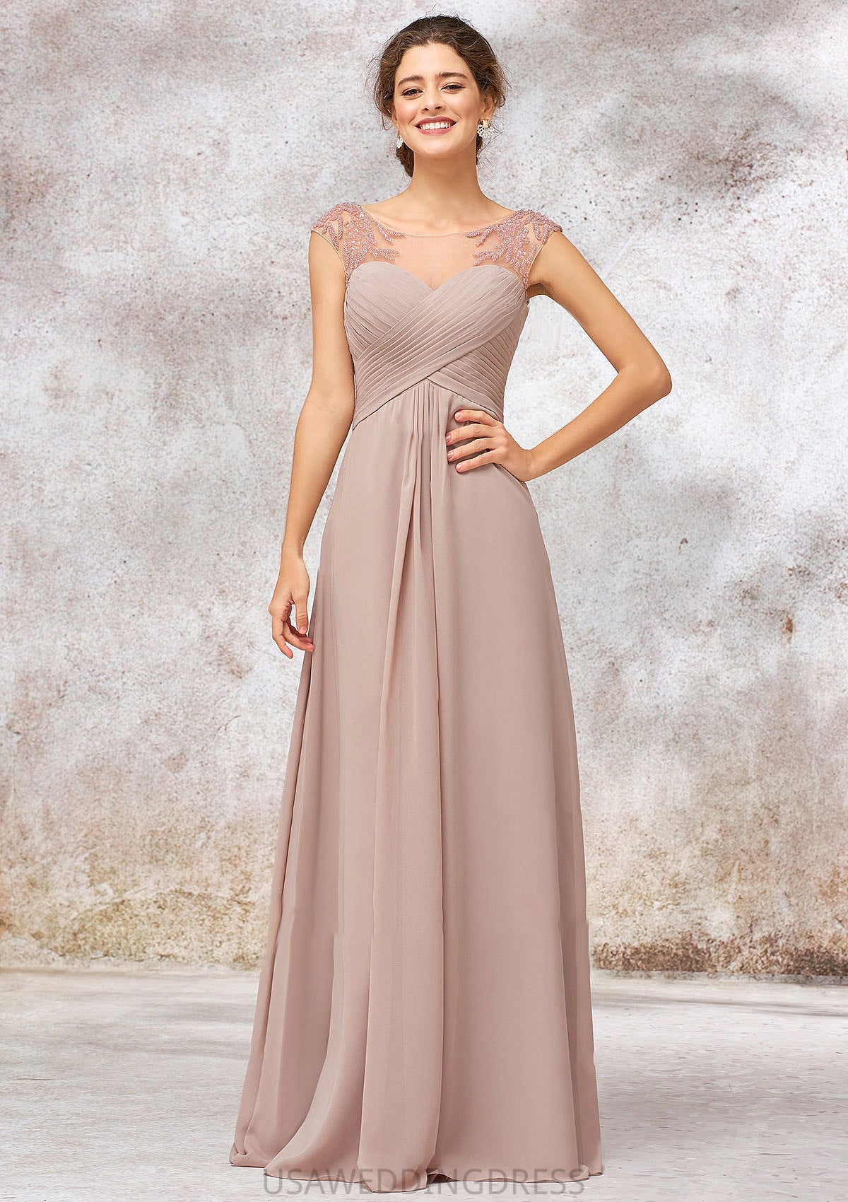 Illusion Neck Long/Floor-Length Chiffon A-line/Princess Bridesmaid Dresses  With Sequins Pleated Beading Dahlia DSP0025334