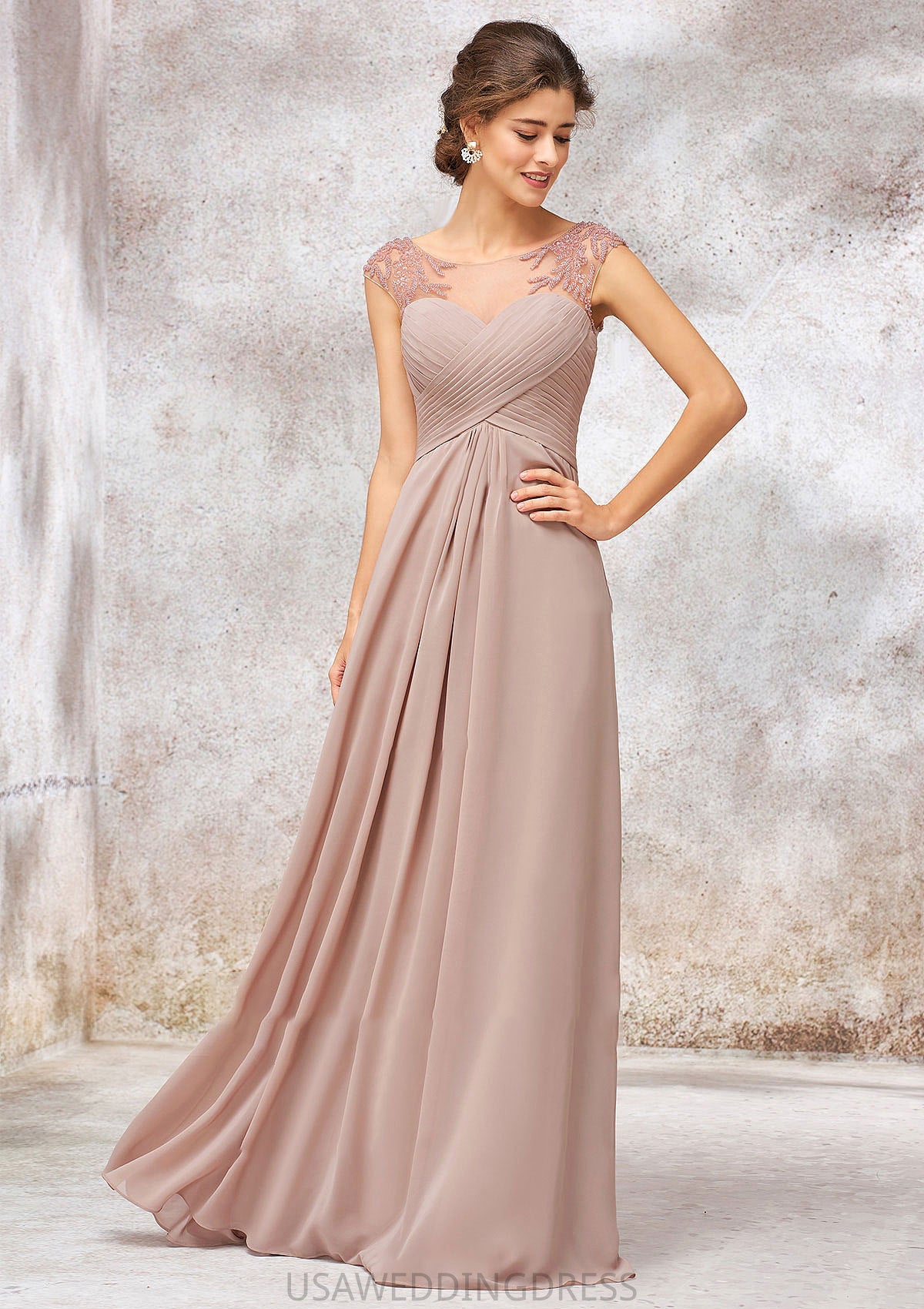 Illusion Neck Long/Floor-Length Chiffon A-line/Princess Bridesmaid Dresses  With Sequins Pleated Beading Dahlia DSP0025334