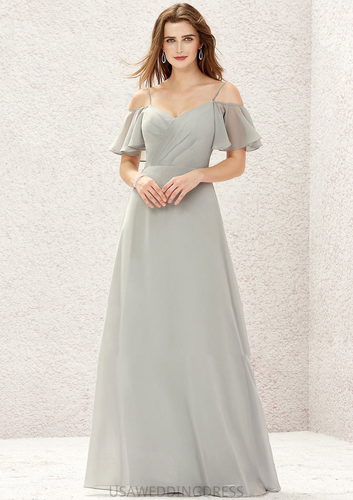 A-line Sweetheart Short Sleeve Long/Floor-Length Chiffon Bridesmaid Dresses With Pleated Angelina DSP0025338