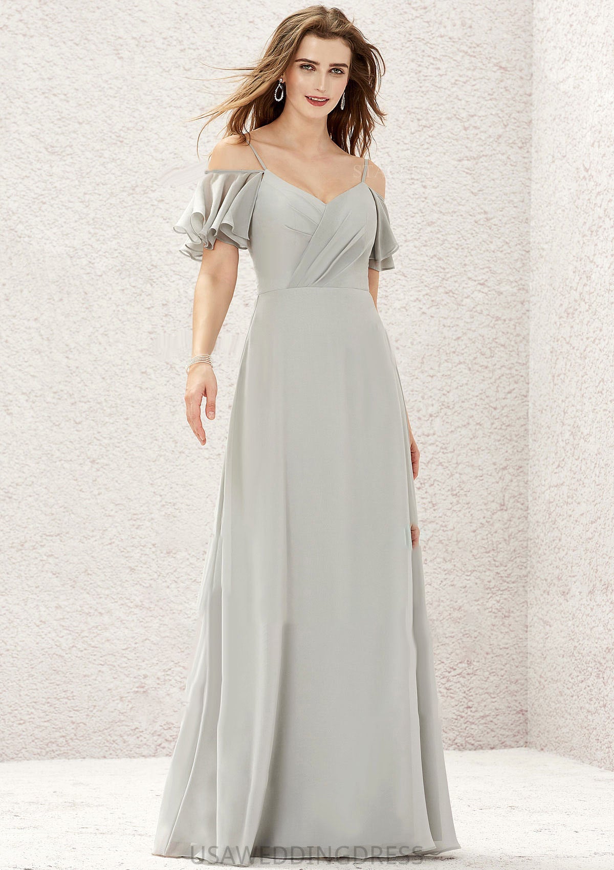A-line Sweetheart Short Sleeve Long/Floor-Length Chiffon Bridesmaid Dresses With Pleated Angelina DSP0025338