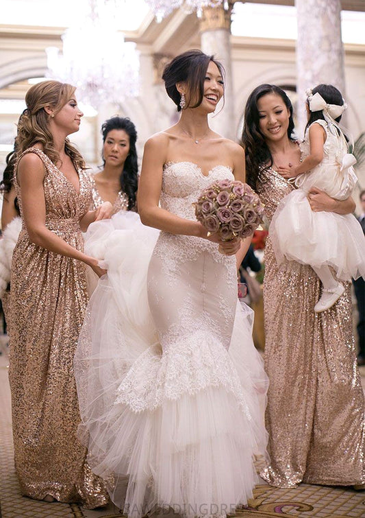 Sleeveless V Neck Long/Floor-Length A-line/Princess Sequined Bridesmaid Dresses With Pleated Lucile DSP0025341