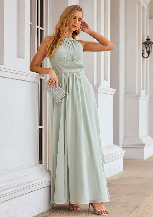 A-line Halter Sleeveless Long/Floor-Length Chiffon Bridesmaid Dresses With Pleated Rubi DSP0025342